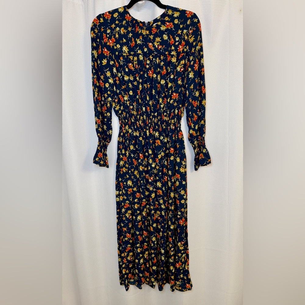 Whistles Navy Floral Smocked Waist Midi Dress Long Sleeve Ruffle Cuff - Picture 2 of 7